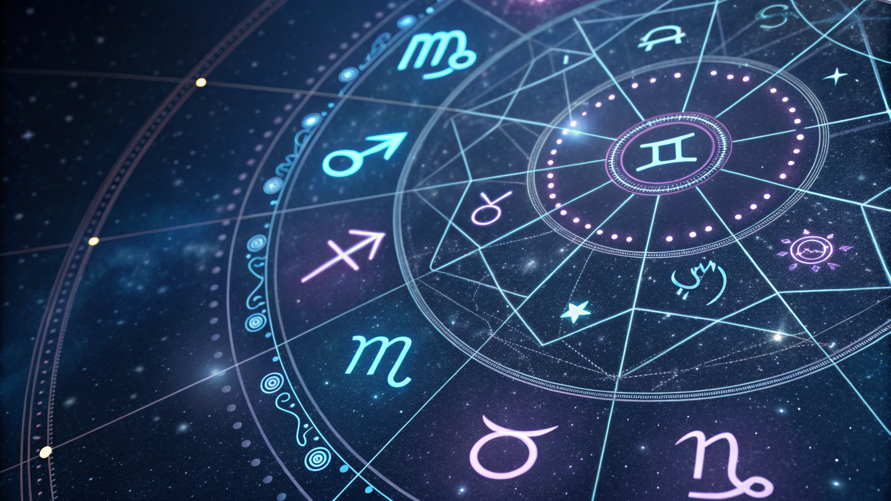 Digital visualization of AI neural networks intersecting with planetary orbits and zodiac symbols